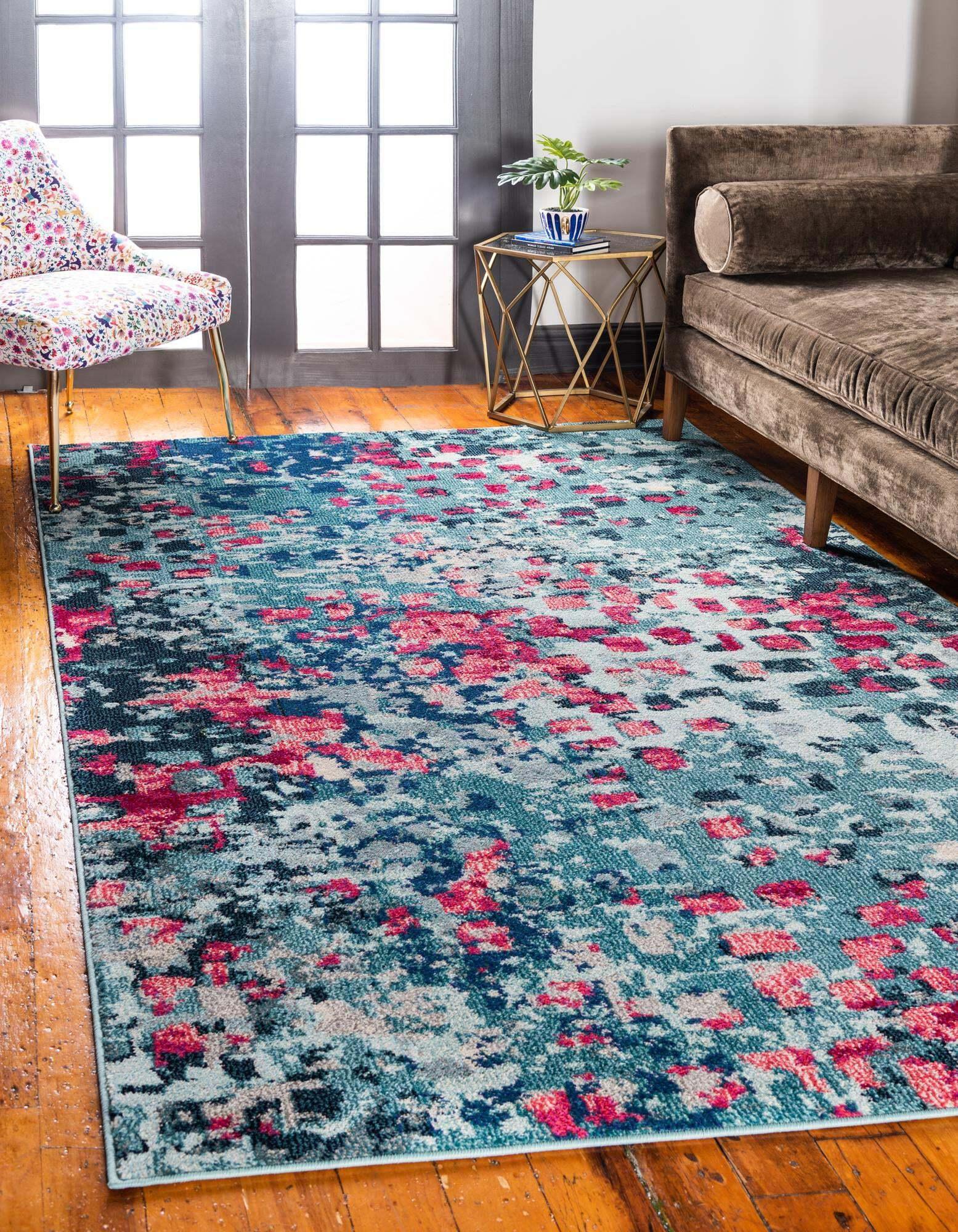 Unique Loom Indoor Rugs - Jardin Abstract Rectangular 9x12 Rug Blue & Pink