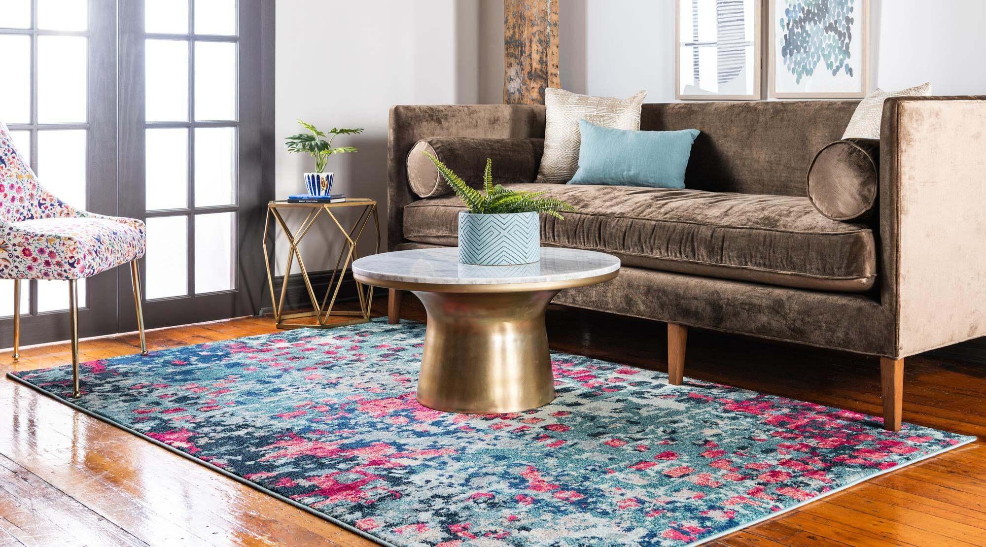 Unique Loom Indoor Rugs - Jardin Abstract Rectangular 9x12 Rug Blue & Pink