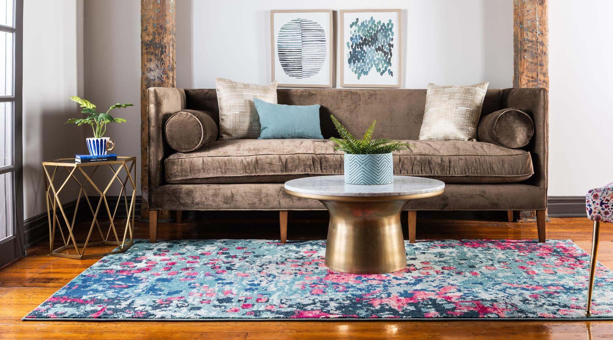 Unique Loom Indoor Rugs - Jardin Abstract Rectangular 9x12 Rug Blue & Pink