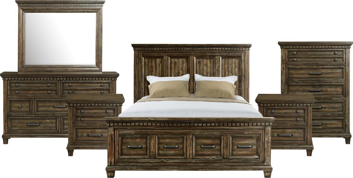 Elements Bedroom Sets - Johnny Queen Storage 6PC Bedroom Set Smokey Walnut