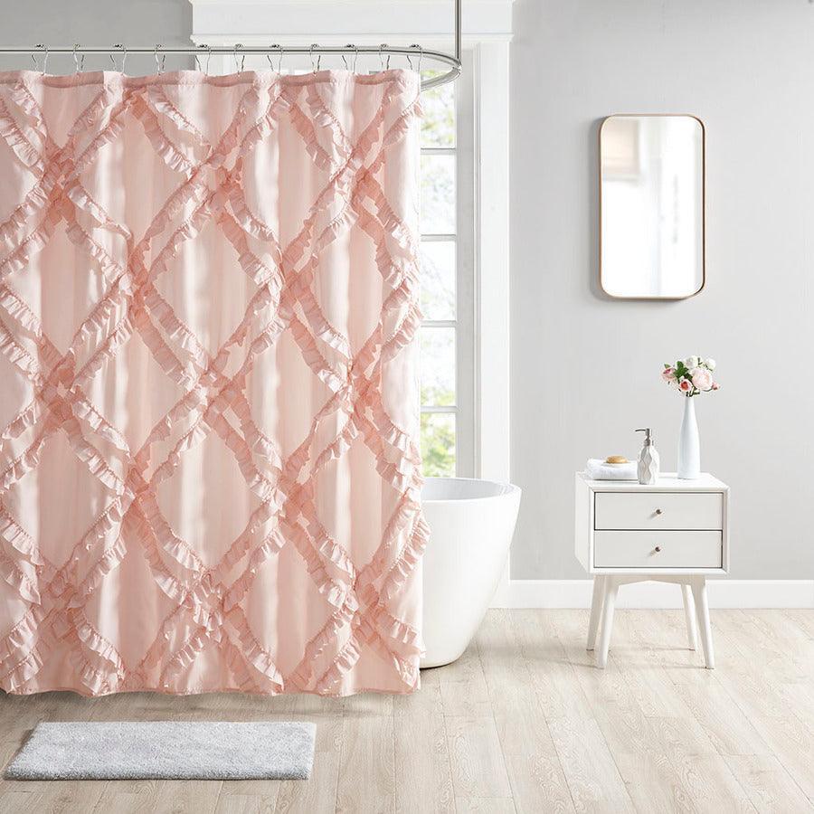 Olliix.com Shower Curtains - Kacie Tufted Diamond Ruffle Shower Curtain Blush