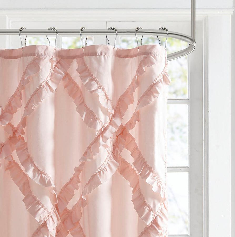 Kacie Tufted Diamond Ruffle Shower Curtain Blush