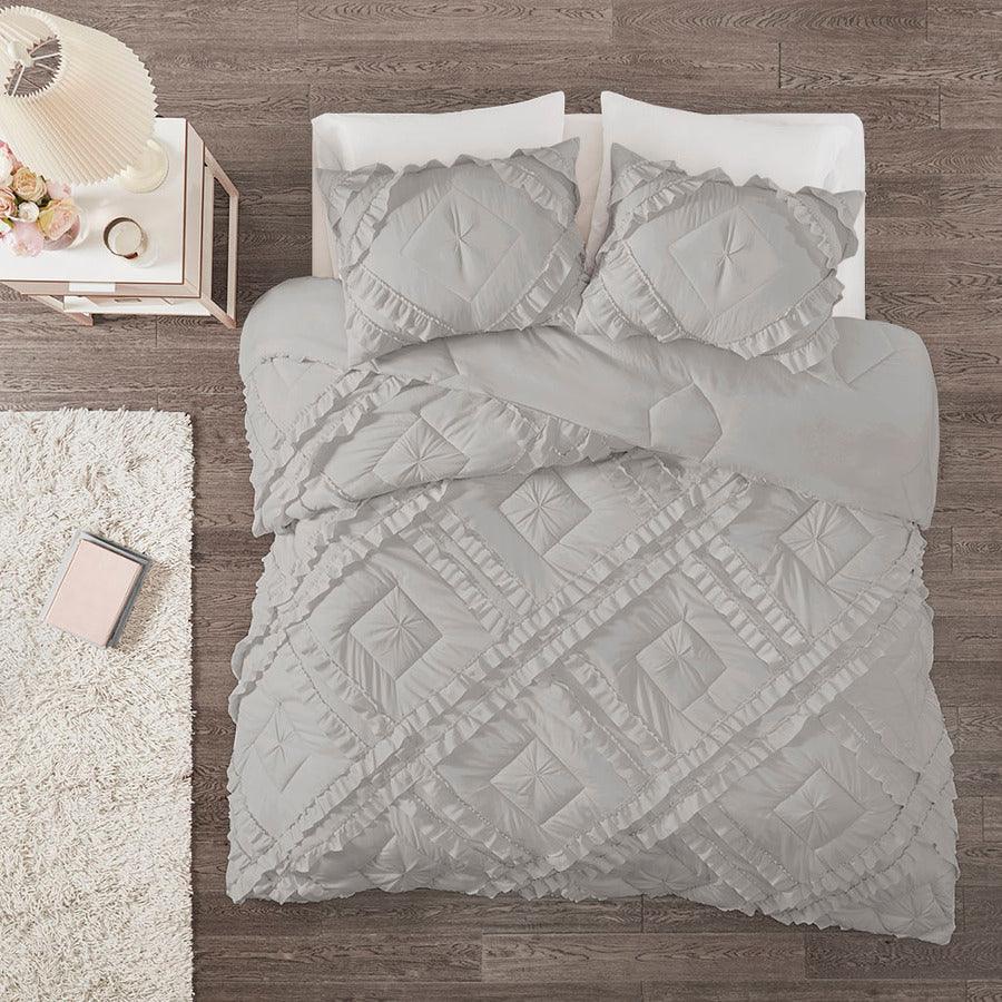 Olliix.com Comforters & Blankets - Kacie Twin/Twin XL Solid Coverlet Set With Tufted Diamond Ruffles Gray
