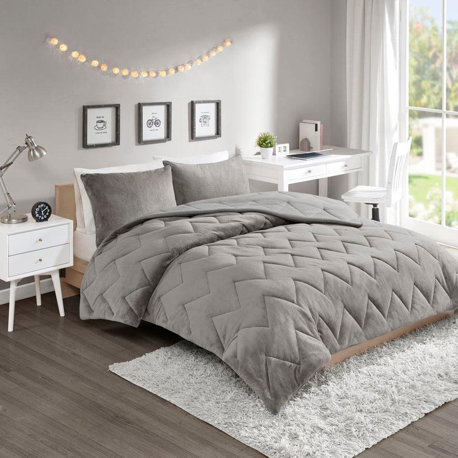 Olliix.com Comforters & Blankets - Kai Twin/Twin XL Quilted Reversible Casual Microfiber to Plush Comforter Set Gray