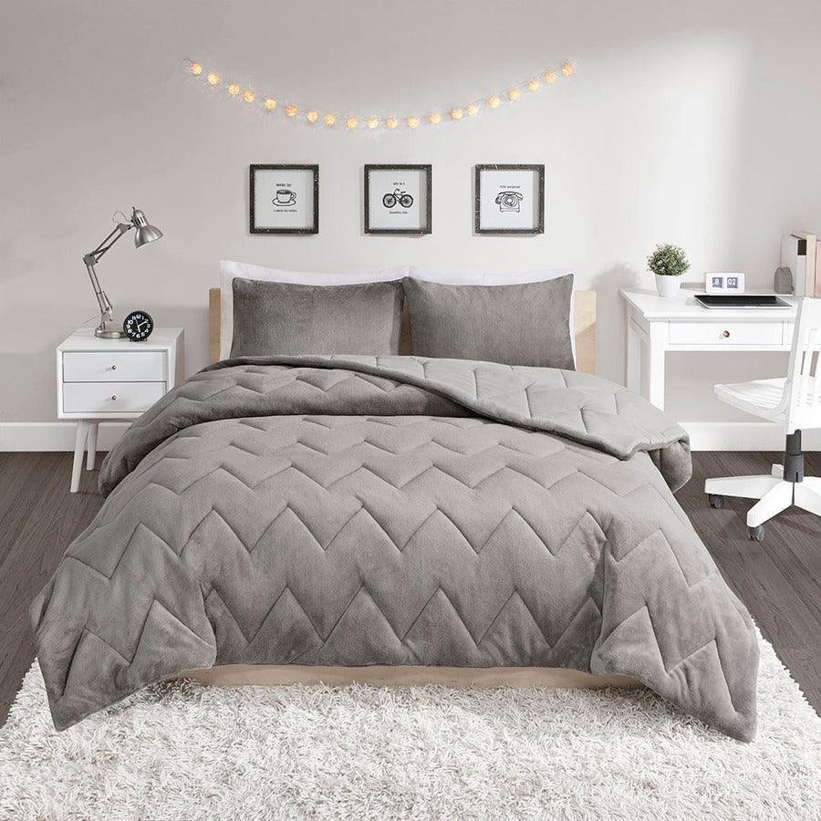 Olliix.com Comforters & Blankets - Kai Twin/Twin XL Quilted Reversible Casual Microfiber to Plush Comforter Set Gray