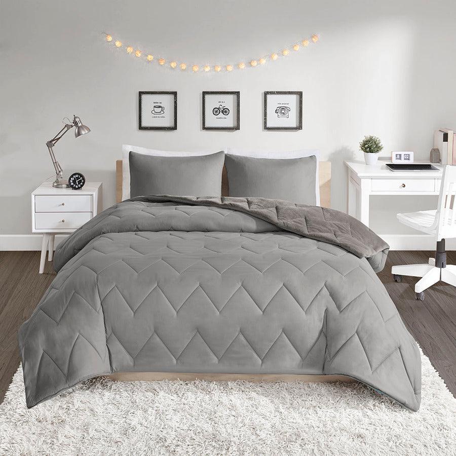 Olliix.com Comforters & Blankets - Kai Twin/Twin XL Quilted Reversible Casual Microfiber to Plush Comforter Set Gray