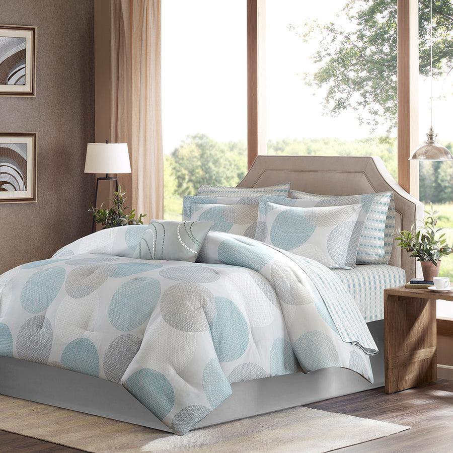 Olliix.com Comforters & Blankets - Knowles Modern Complete Comforter and Cotton Sheet Set Aqua Cal King