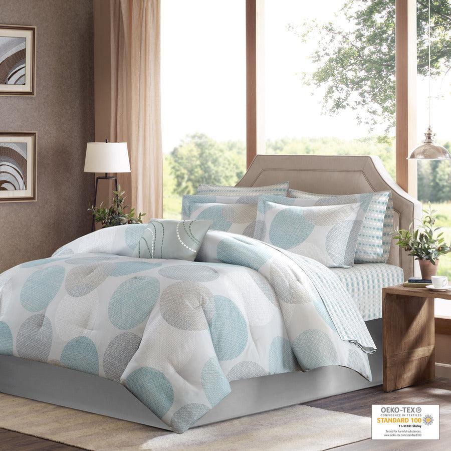 Olliix.com Comforters & Blankets - Knowles Modern Complete Comforter and Cotton Sheet Set Aqua Cal King