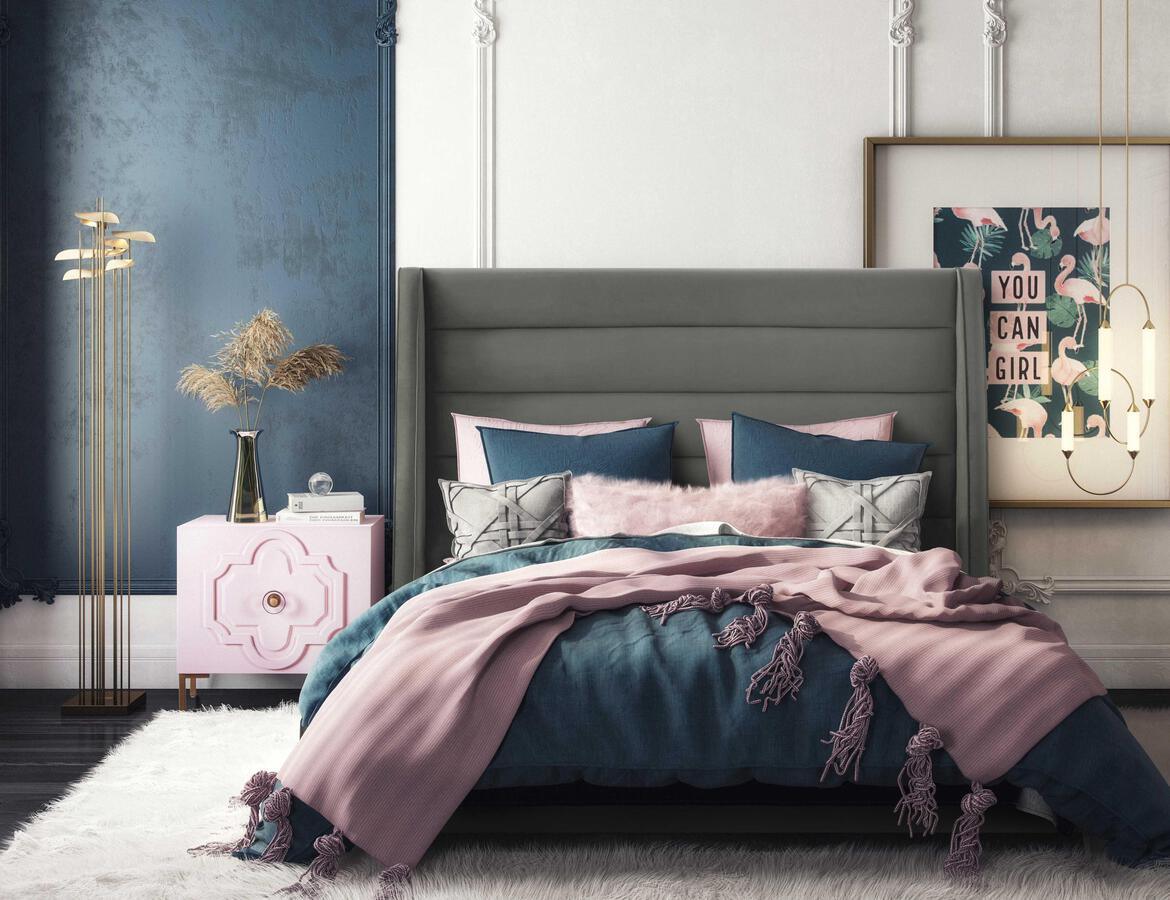 Tov Furniture Beds - Koah Grey Velvet Bed in Queen