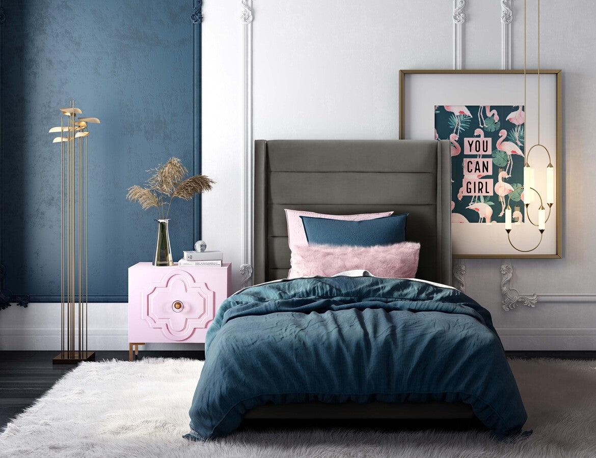 Tov Furniture Beds - Koah Grey Velvet Bed in Twin Dark Brown & Gray