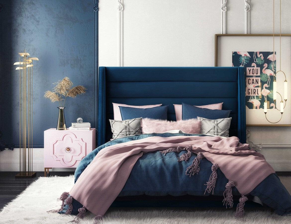 Tov Furniture Beds - Koah Navy Velvet Bed in King Navy