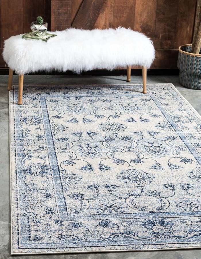 Unique Loom Indoor Rugs - La Jolla Floral Palace Blue & Ivory