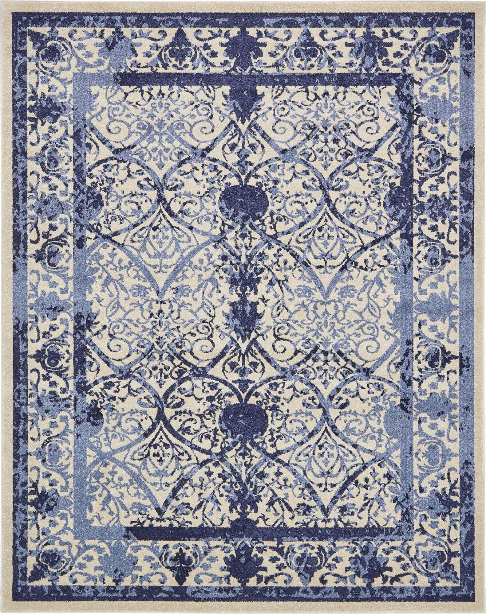 Unique Loom Indoor Rugs - La Jolla Floral Rectangular 8x10 Rug Blue & Ivory