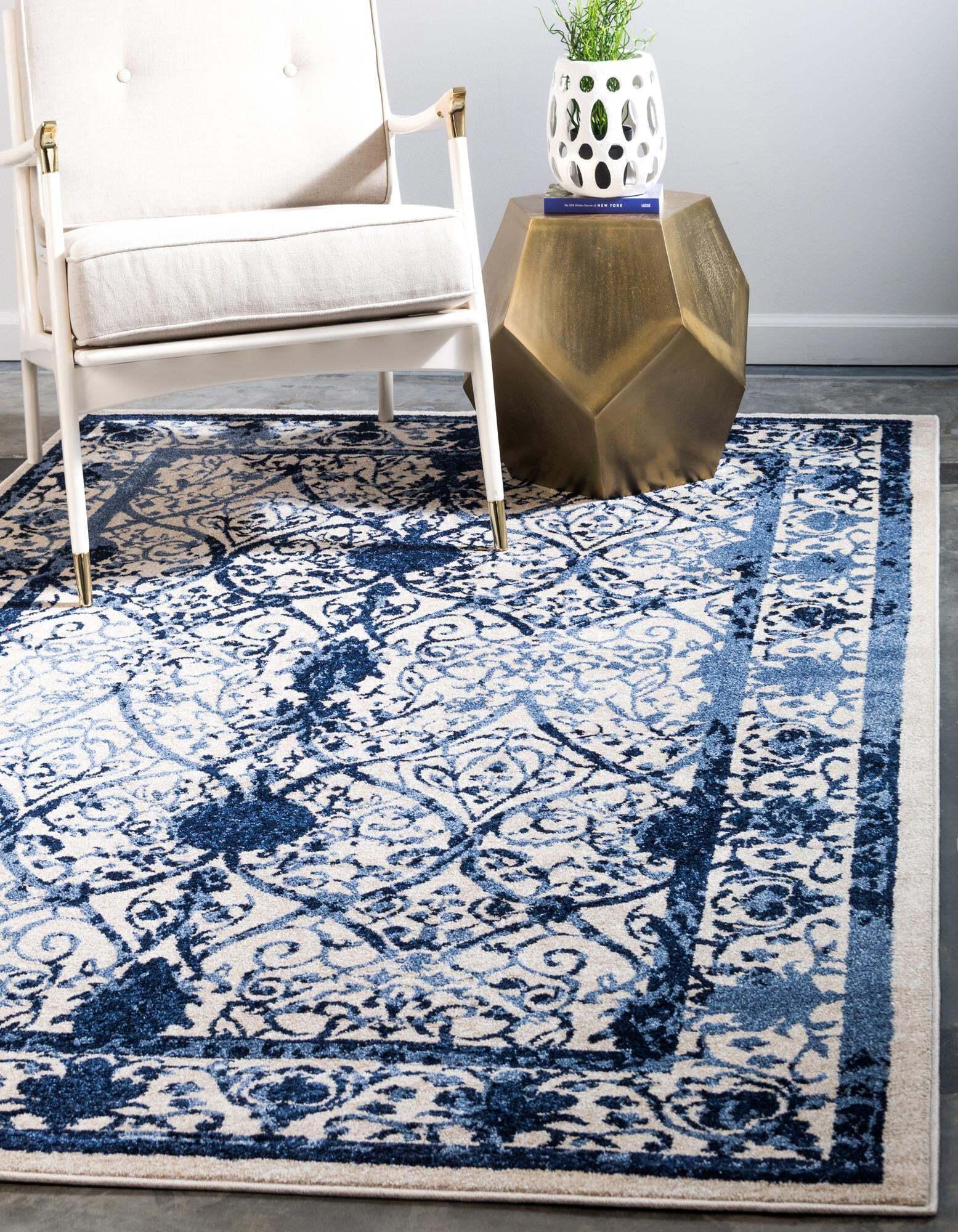 Unique Loom Indoor Rugs - La Jolla Floral Rectangular 8x10 Rug Blue & Ivory