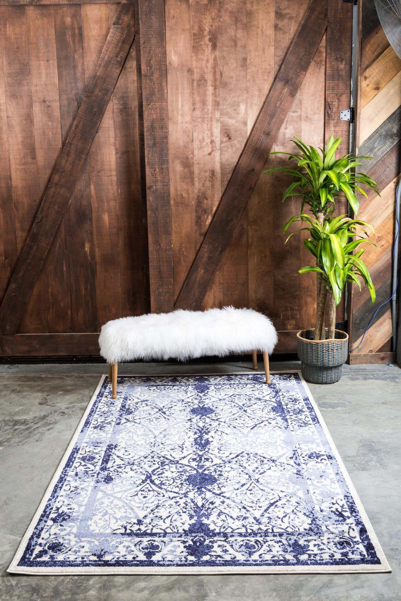 Unique Loom Indoor Rugs - La Jolla Floral Rectangular 8x10 Rug Blue & Ivory