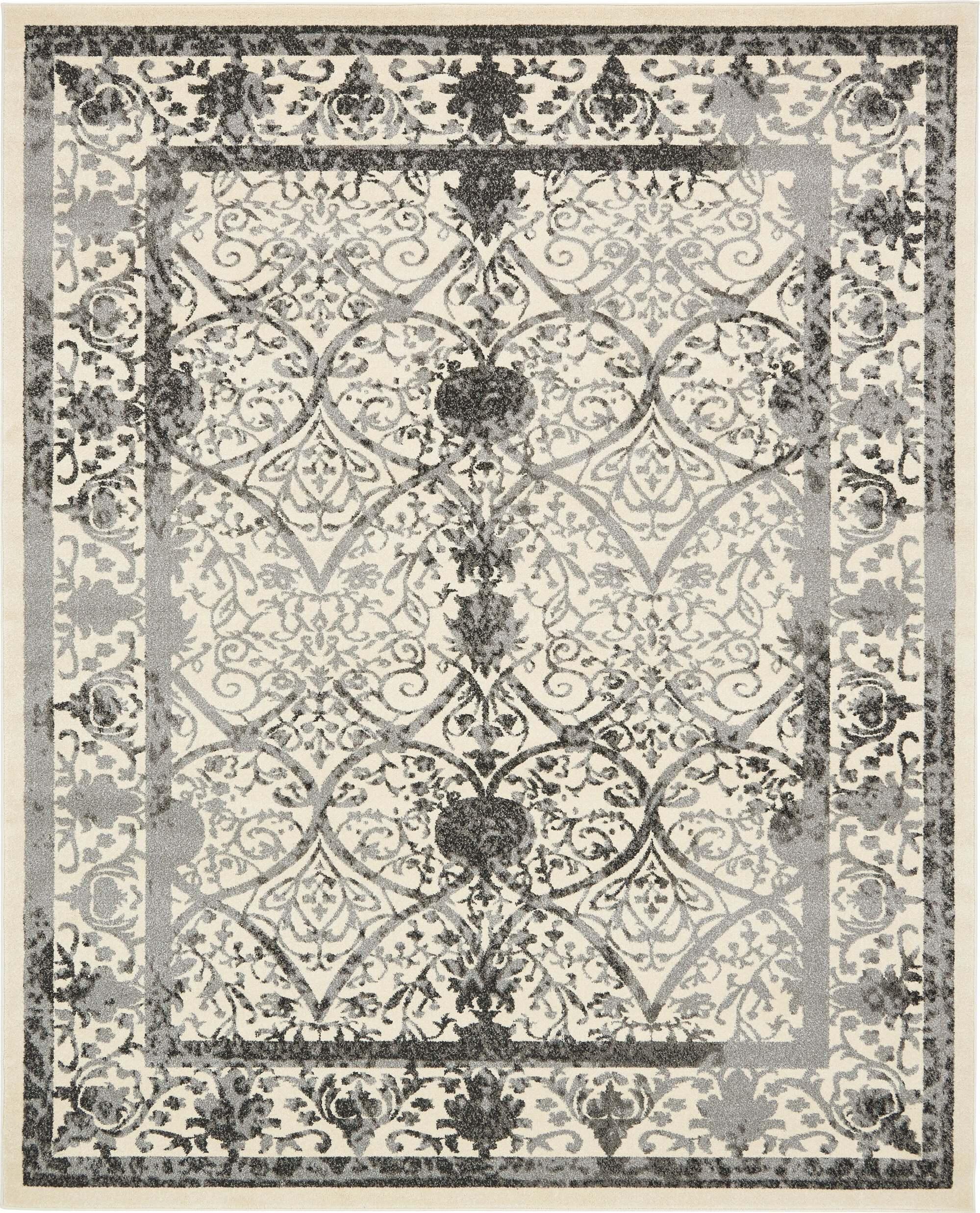 Unique Loom Indoor Rugs - La Jolla Floral Rectangular 8x10 Rug Gray & Ivory