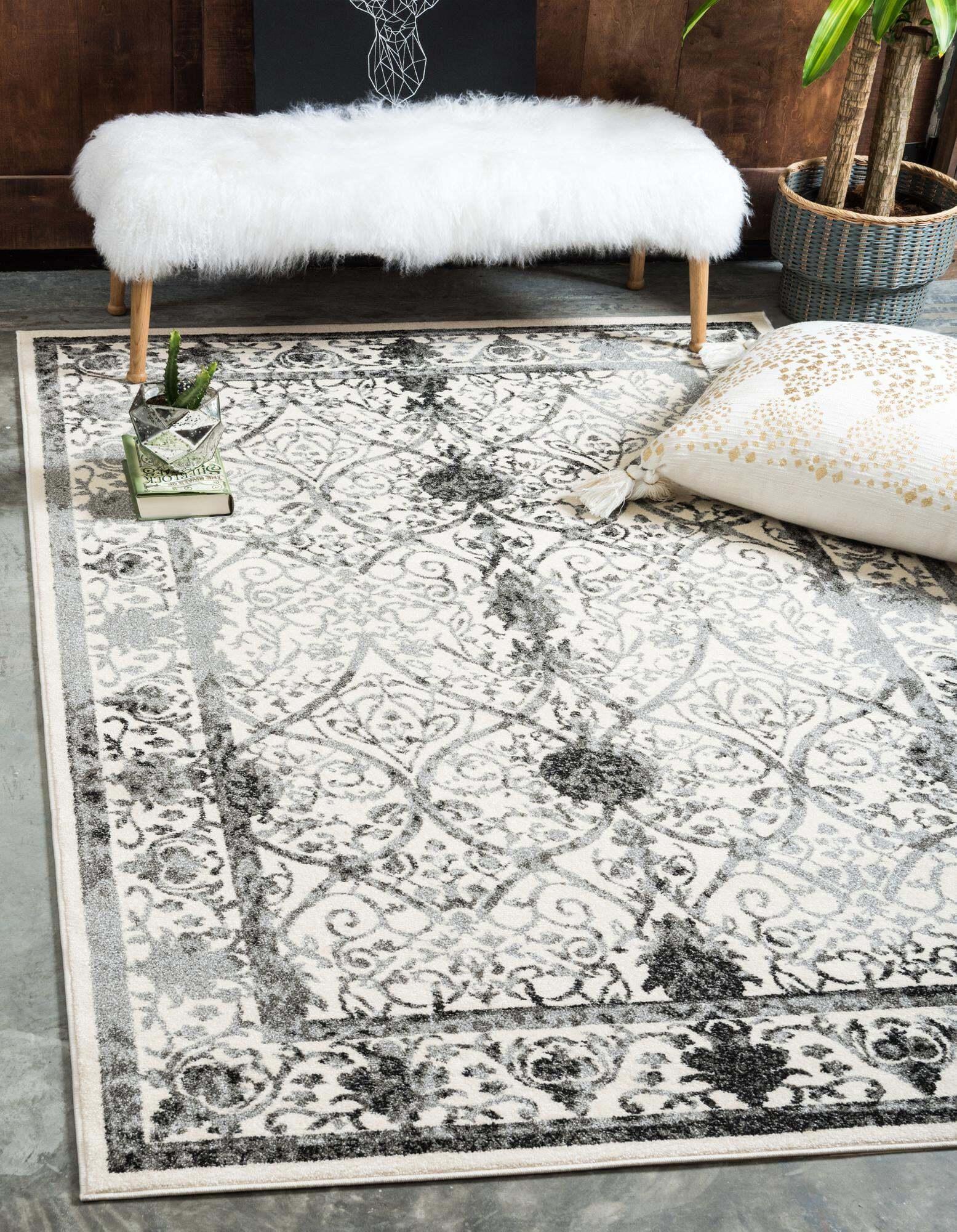 Unique Loom Indoor Rugs - La Jolla Floral Rectangular 9x12 Rug Gray & Ivory