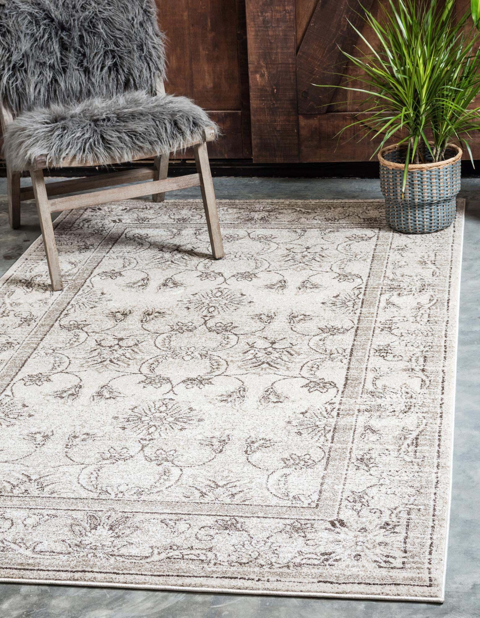 Unique Loom Indoor Rugs - La Jolla Floral Rectangular 9x12 Rug Ivory & Brown