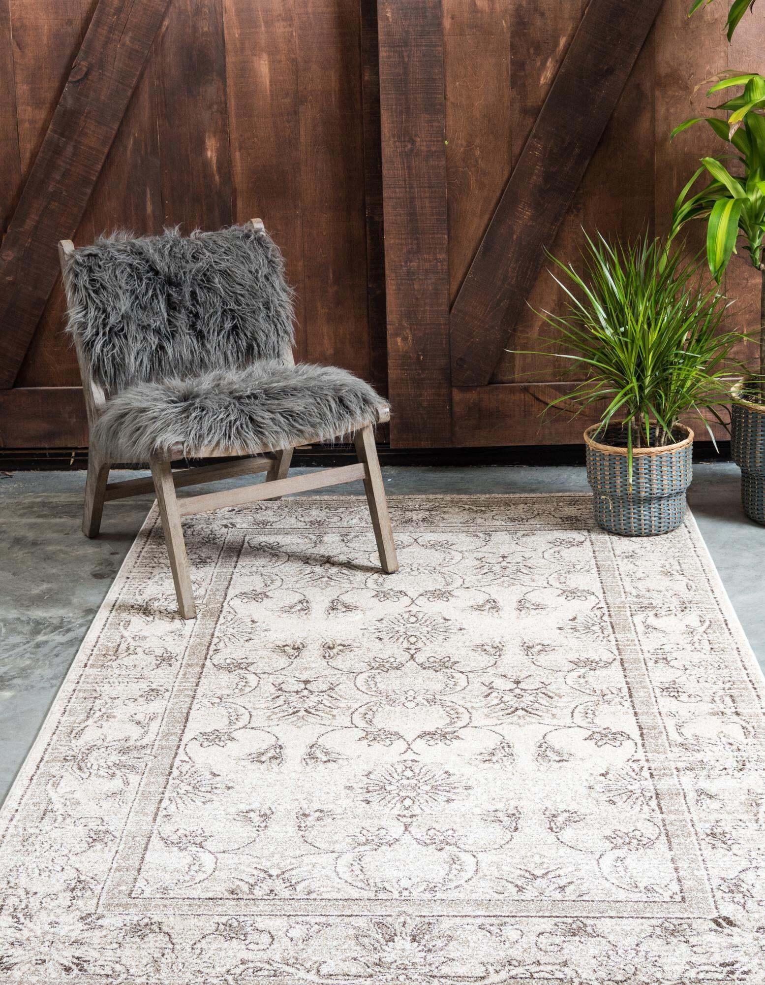 Unique Loom Indoor Rugs - La Jolla Floral Rectangular 9x12 Rug Ivory & Brown