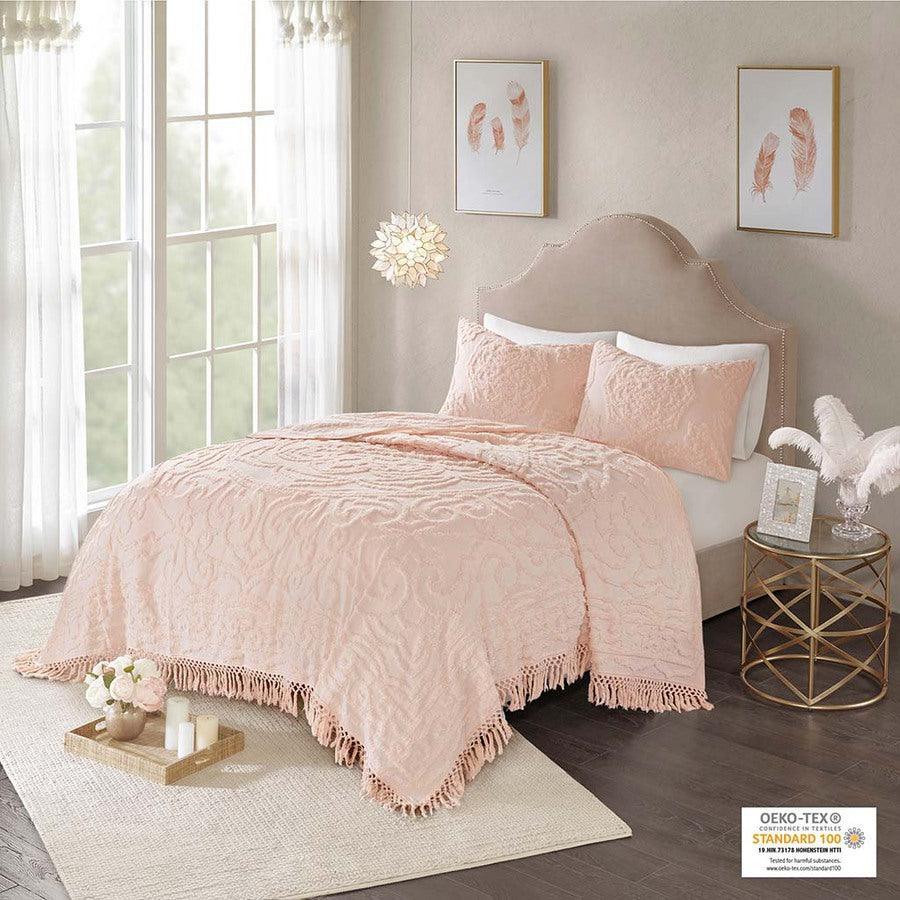 Olliix.com Comforters & Blankets - Laetitia Full/Queen Tufted Cotton Chenille Medallion Fringe Coverlet Mini Set Blush