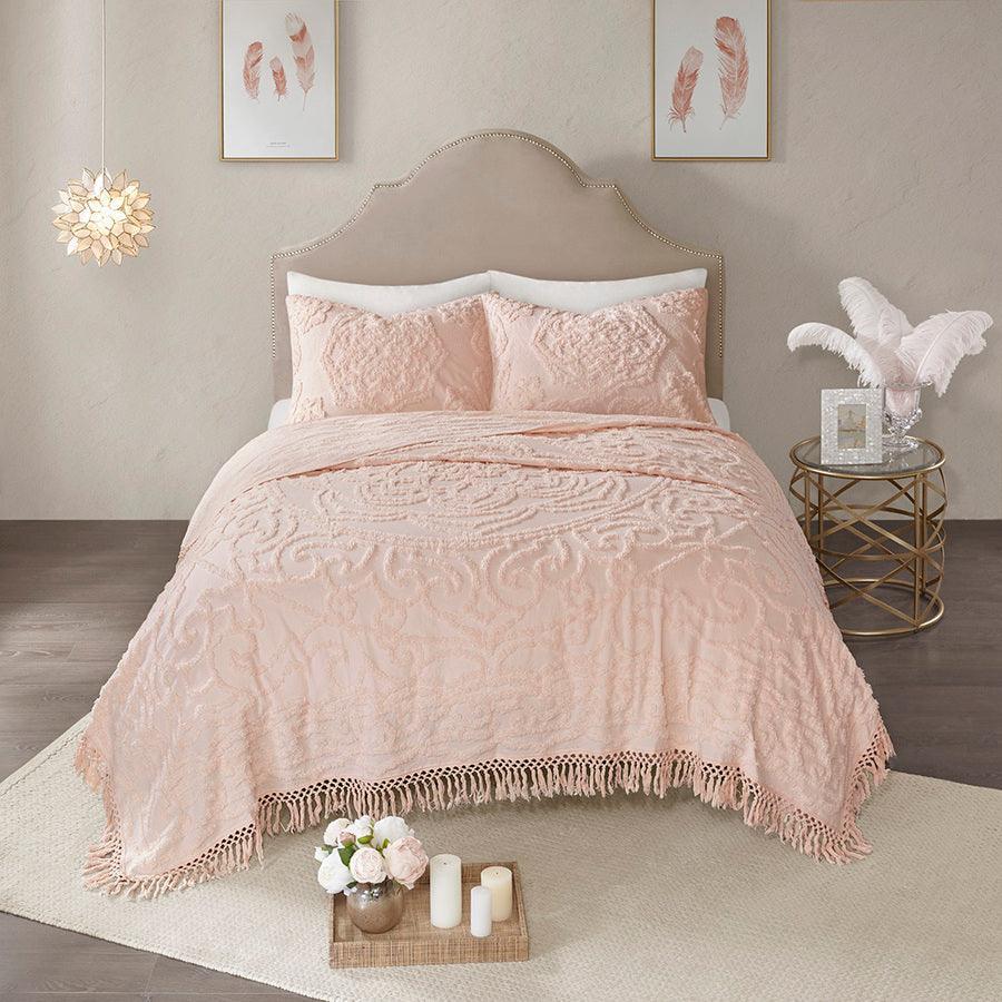 Olliix.com Comforters & Blankets - Laetitia Full/Queen Tufted Cotton Chenille Medallion Fringe Coverlet Mini Set Blush