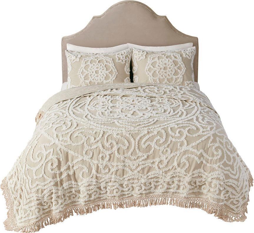Olliix.com Comforters & Blankets - Laetitia Full/Queen Tufted Cotton Chenille Medallion Fringe Coverlet Mini Set Taupe