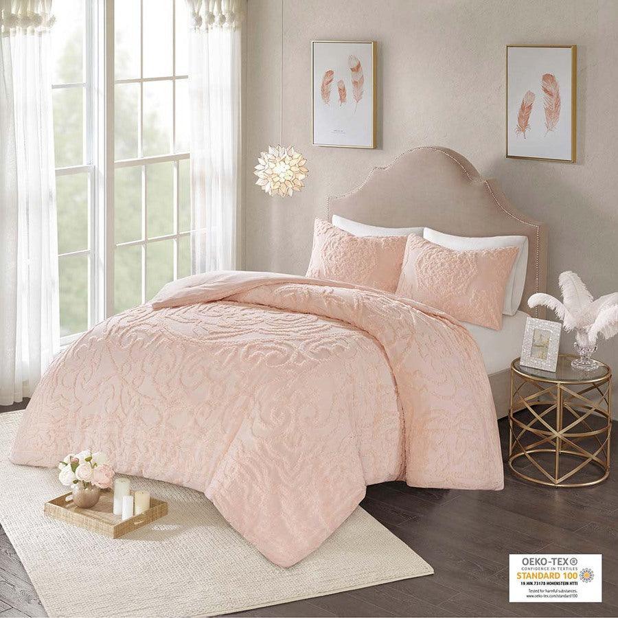 Olliix.com Comforters & Blankets - Laetitia Full/Queen Tufted Global Inspired Cotton Chenille Medallion Comforter Set Blush