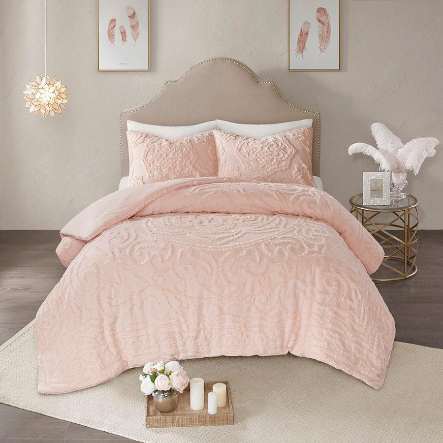 Olliix.com Comforters & Blankets - Laetitia Full/Queen Tufted Global Inspired Cotton Chenille Medallion Comforter Set Blush