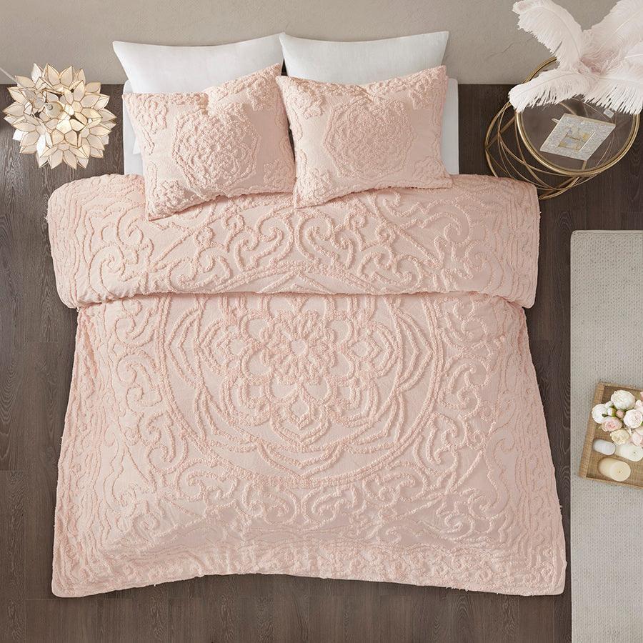 Olliix.com Comforters & Blankets - Laetitia Full/Queen Tufted Global Inspired Cotton Chenille Medallion Comforter Set Blush