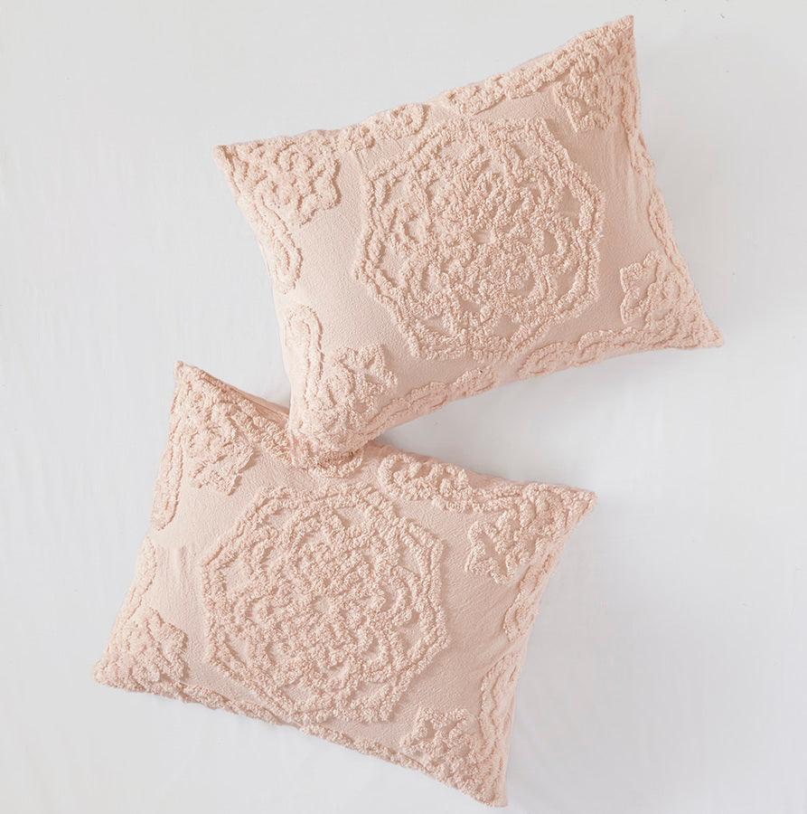 Olliix.com Comforters & Blankets - Laetitia Full/Queen Tufted Global Inspired Cotton Chenille Medallion Comforter Set Blush