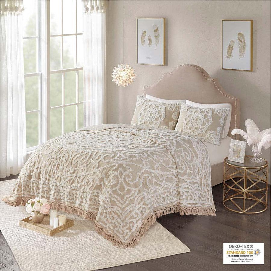 Olliix.com Comforters & Blankets - Laetitia King/California King Tufted Cotton Chenille Medallion Fringe Coverlet Mini Set Taupe