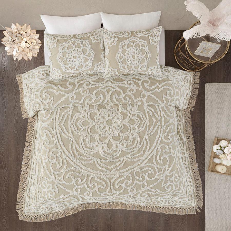 Olliix.com Comforters & Blankets - Laetitia King/California King Tufted Cotton Chenille Medallion Fringe Coverlet Mini Set Taupe