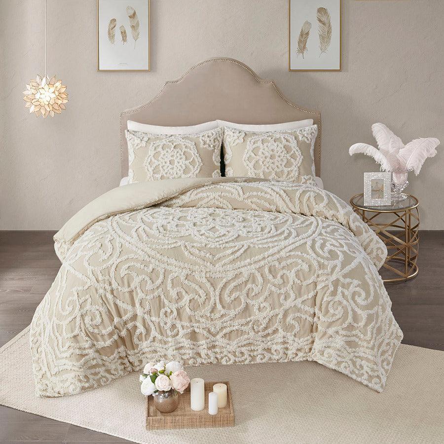 Olliix.com Duvet & Duvet Sets - Laetitia Shabby Chic Tufted Cotton Chenille Medallion Duvet Cover Set Full/Queen Taupe