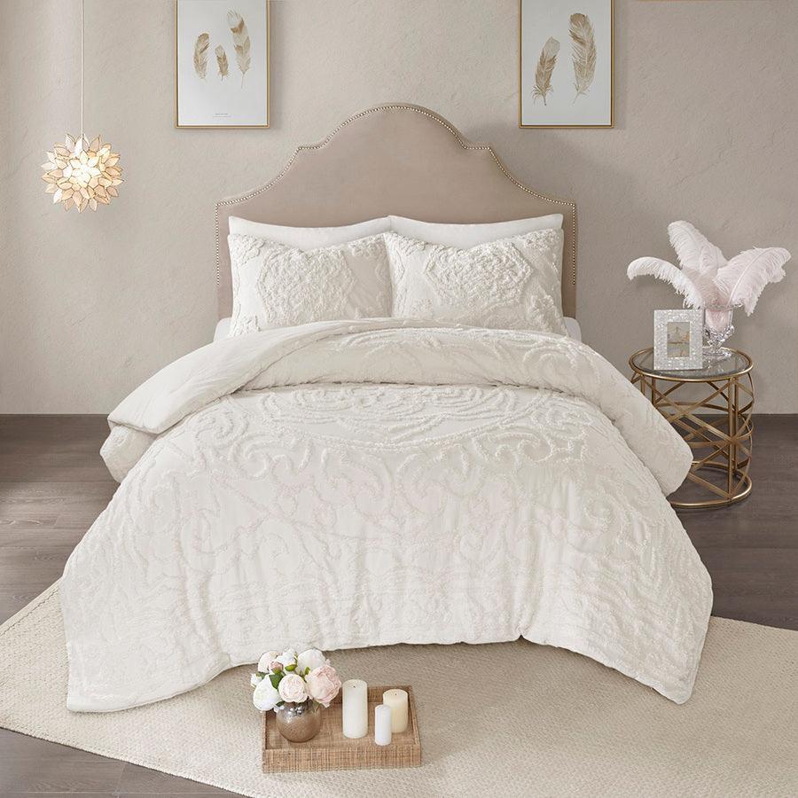 Olliix.com Comforters & Blankets - Laetitia Tufted Cotton 26 " W Chenille Medallion Comforter Set Ivory Full/Queen