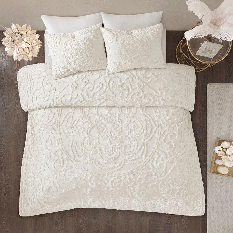 Olliix.com Comforters & Blankets - Laetitia Tufted Cotton 26 " W Chenille Medallion Comforter Set Ivory Full/Queen