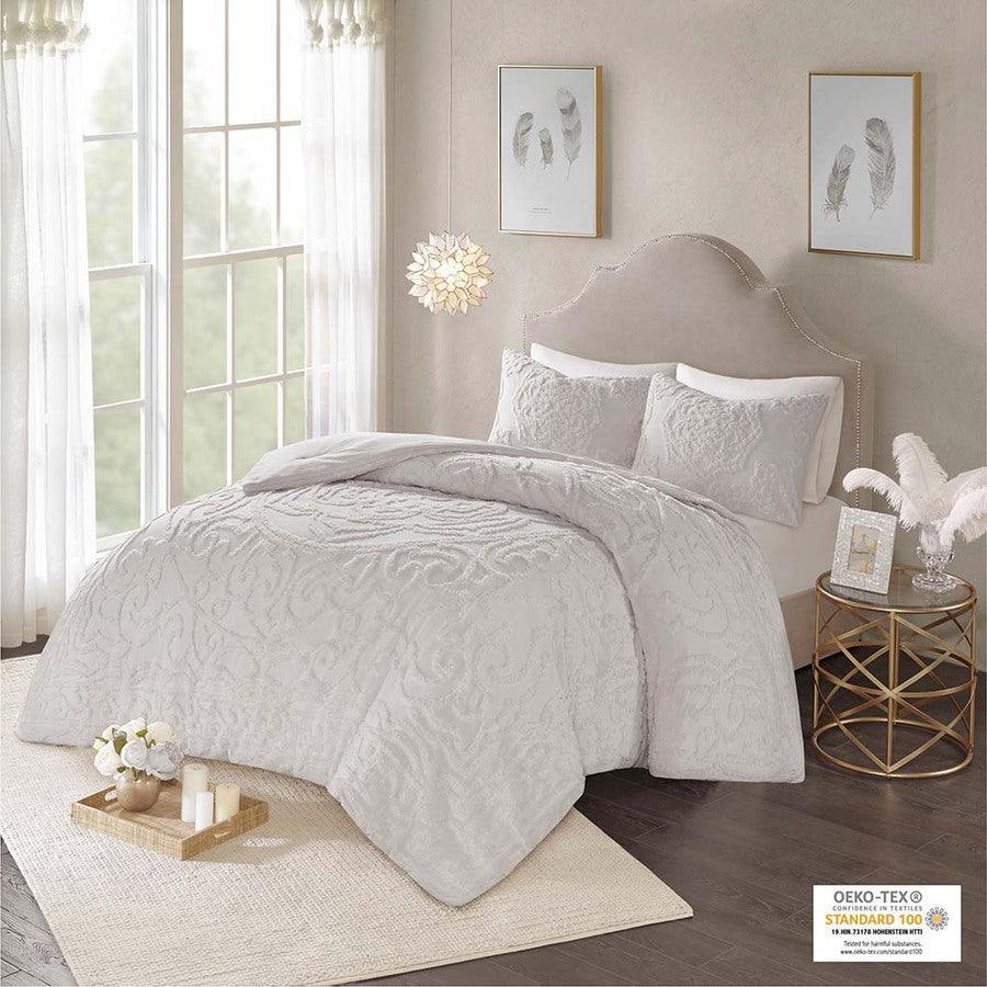 Olliix.com Comforters & Blankets - Laetitia Tufted Cotton Chenille Medallion Comforter Set Gray Full/Queen