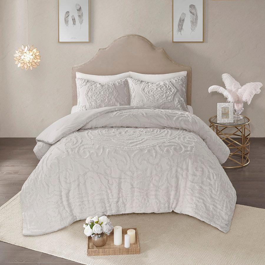 Olliix.com Comforters & Blankets - Laetitia Tufted Cotton Chenille Medallion Comforter Set Gray Full/Queen