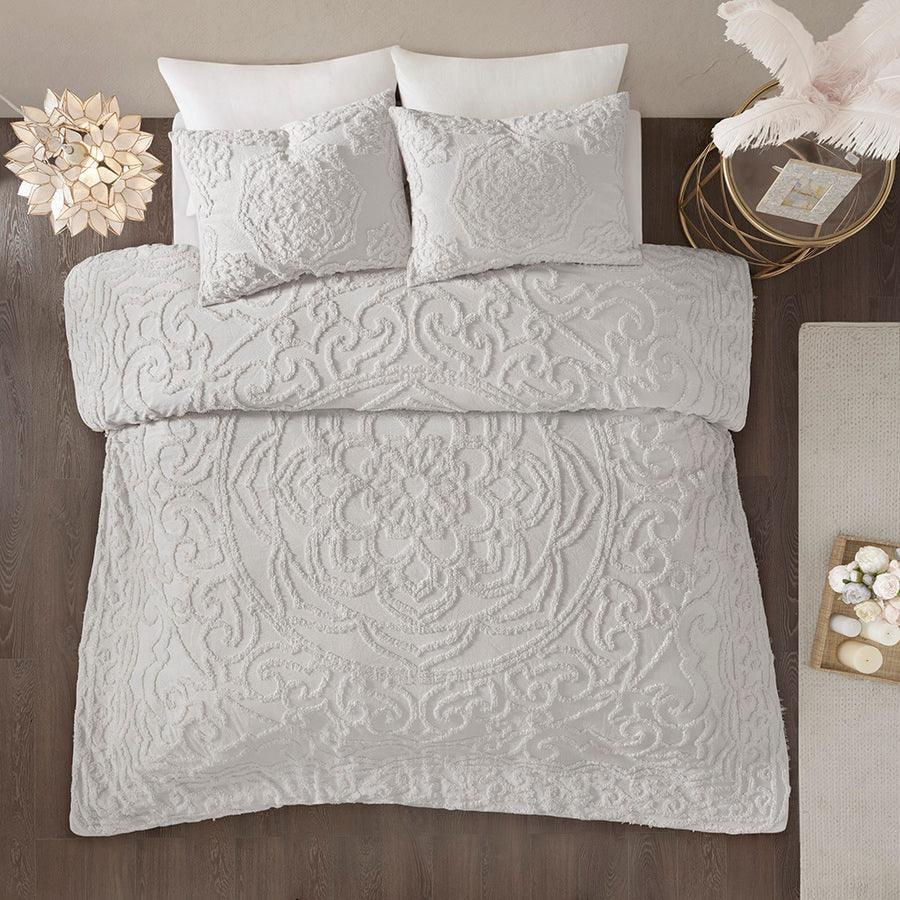 Olliix.com Comforters & Blankets - Laetitia Tufted Cotton Chenille Medallion Comforter Set Gray Full/Queen