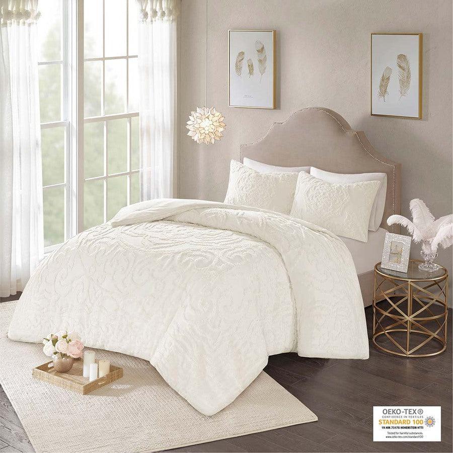 Olliix.com Comforters & Blankets - Laetitia Tufted Cotton Chenille Medallion Comforter Set Ivory King/Cal King