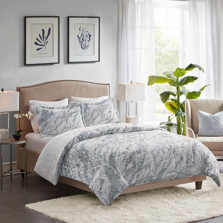 Olliix.com Comforters & Blankets - Lana Casual Marble Faux Fur Comforter Set Gray | Blue Queen