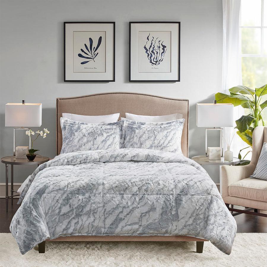 Olliix.com Comforters & Blankets - Lana Casual Marble Faux Fur Comforter Set Gray | Blue Queen