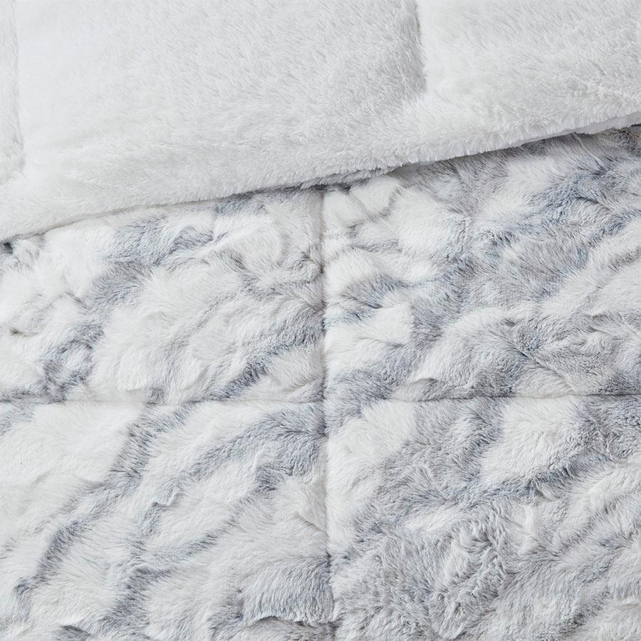 Olliix.com Comforters & Blankets - Lana Casual Marble Faux Fur Comforter Set Gray | Blue Queen