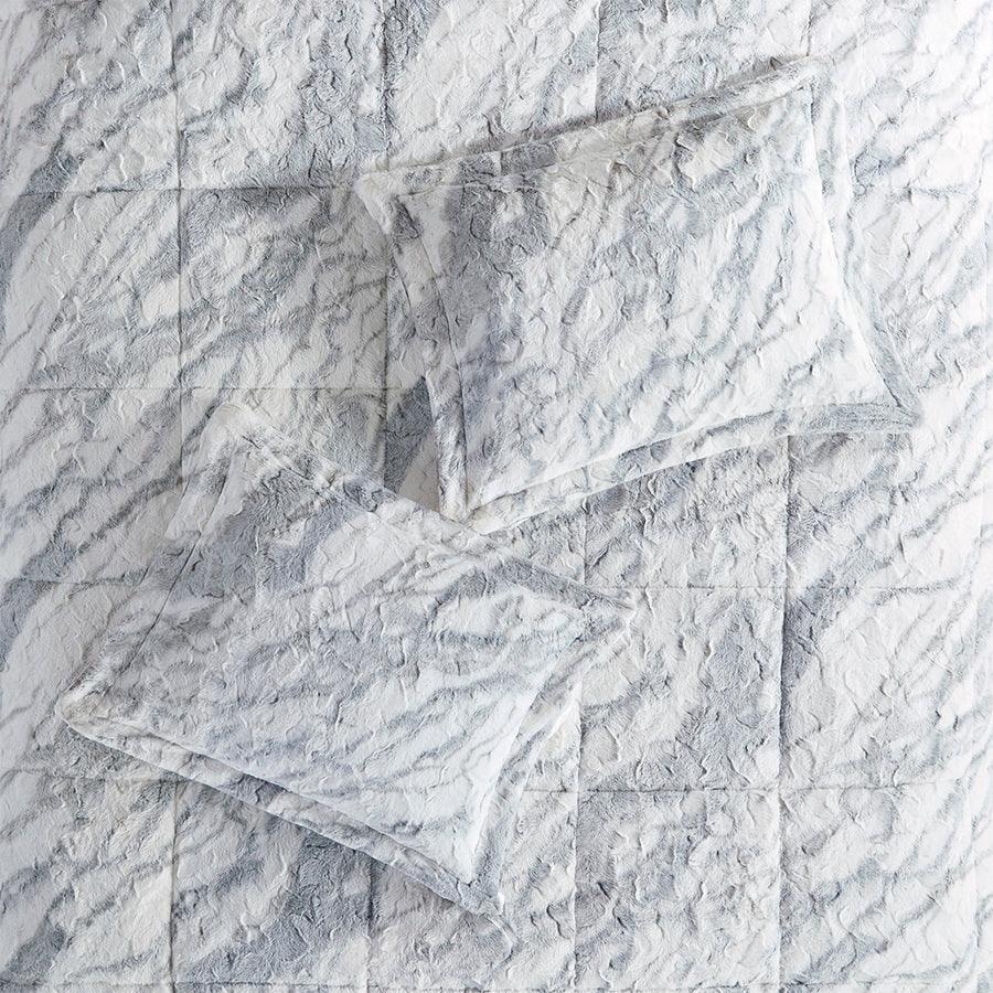 Olliix.com Comforters & Blankets - Lana Casual Marble Faux Fur Comforter Set Gray | Blue Queen