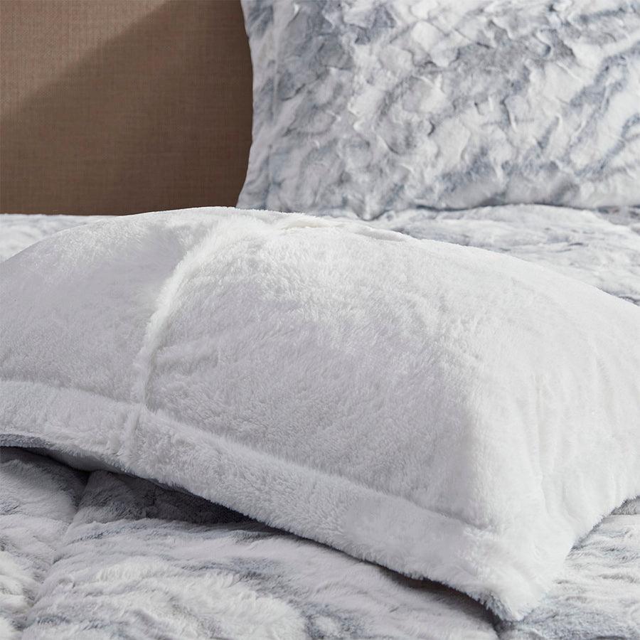 Olliix.com Comforters & Blankets - Lana Casual Marble Faux Fur Comforter Set Gray | Blue Queen
