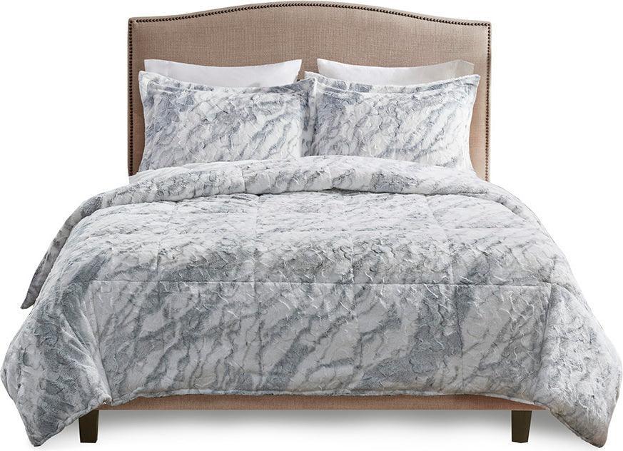 Olliix.com Comforters & Blankets - Lana Casual Marble Faux Fur Comforter Set Gray | Blue Queen
