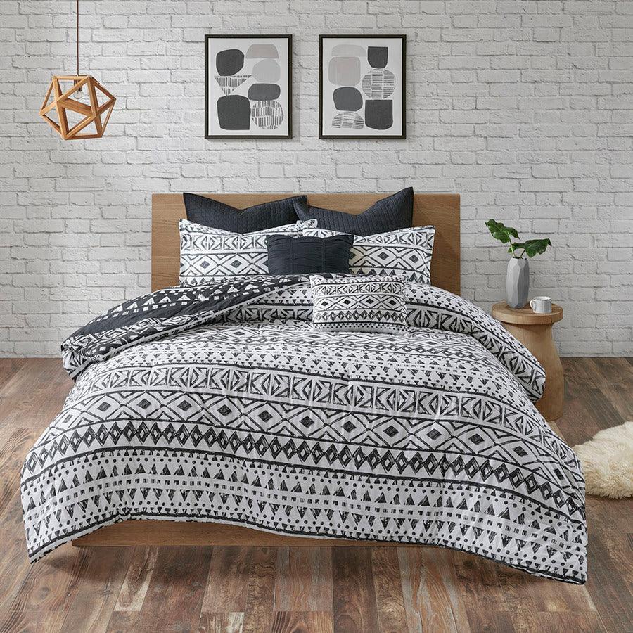 Olliix.com Comforters & Blankets - Larisa 7 Piece Cotton Reversible Comforter Set Black King/Cal King