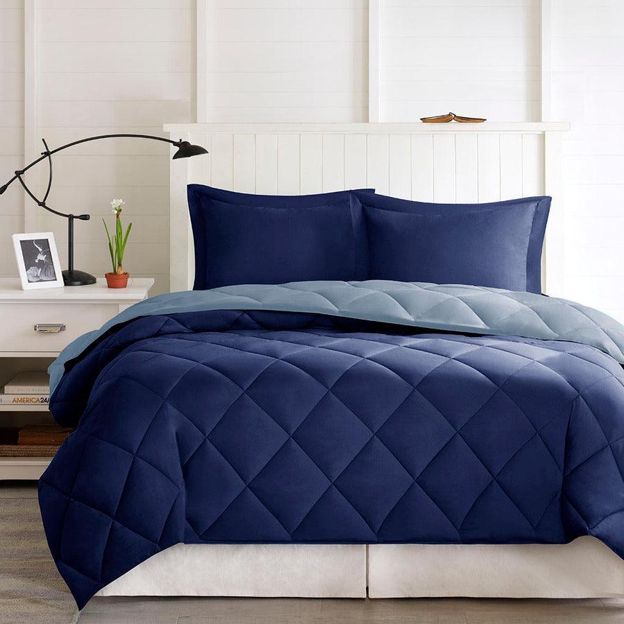 Olliix.com Comforters & Blankets - Larkspur 3M Scotchgard Reversible 20 " D Down Alt Comforter Set Navy & Light Blue Full/Queen