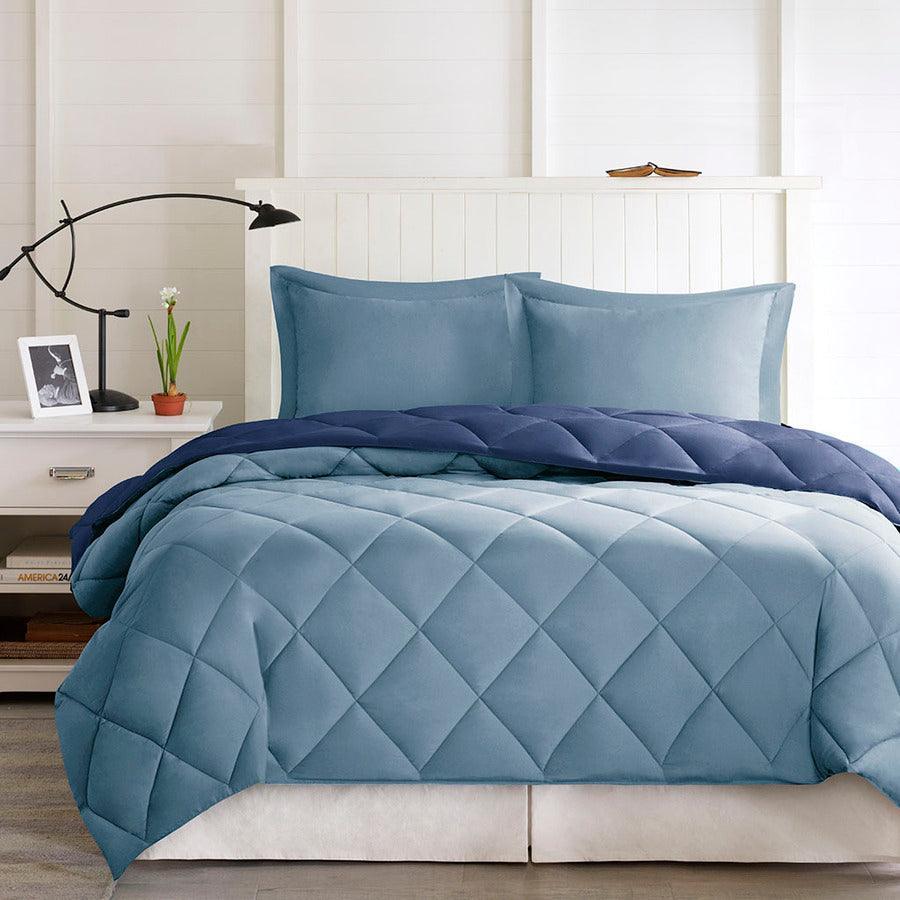 Olliix.com Comforters & Blankets - Larkspur 3M Scotchgard Reversible 20 " D Down Alt Comforter Set Navy & Light Blue Full/Queen