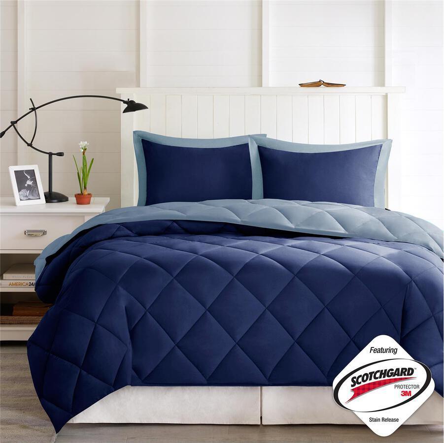 Olliix.com Comforters & Blankets - Larkspur 3M Scotchgard Reversible 20 " D Down Alt Comforter Set Navy & Light Blue Full/Queen