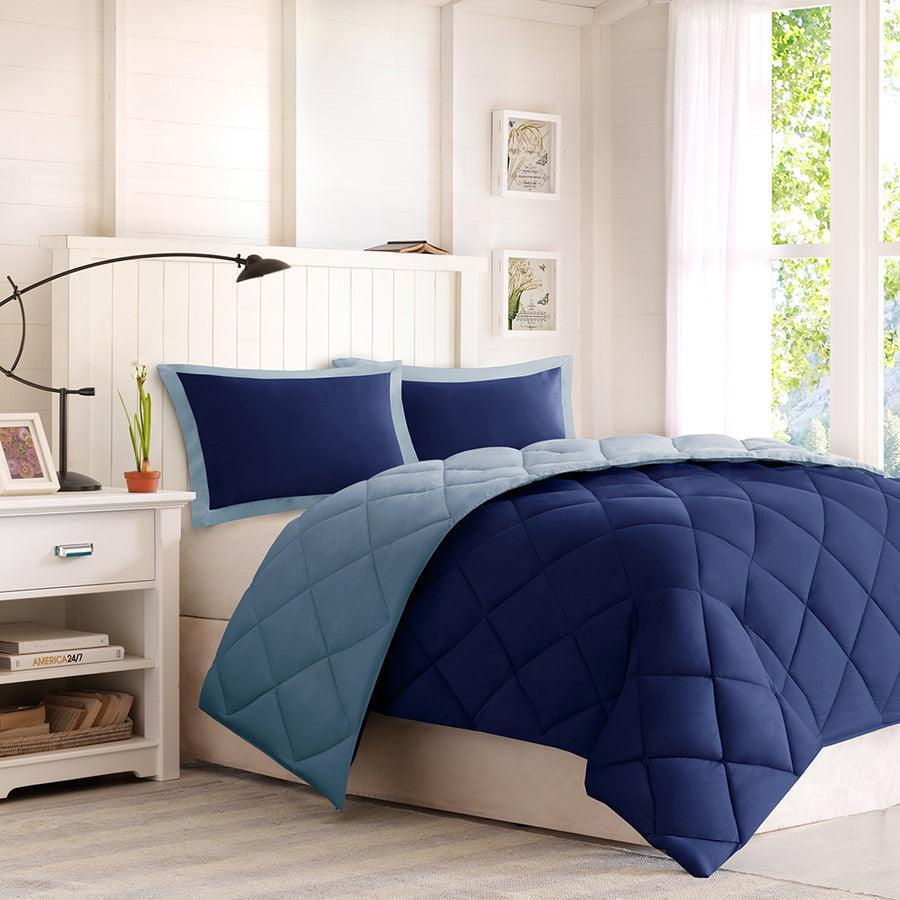 Olliix.com Comforters & Blankets - Larkspur 3M Scotchgard Reversible 20 " D Down Alt Comforter Set Navy & Light Blue Full/Queen